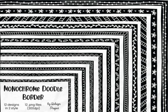 12 Monochrome Doodle Border, Page Border for Creative Design