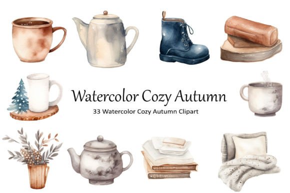 Watercolor Cozy Hygge Autumn Clipart